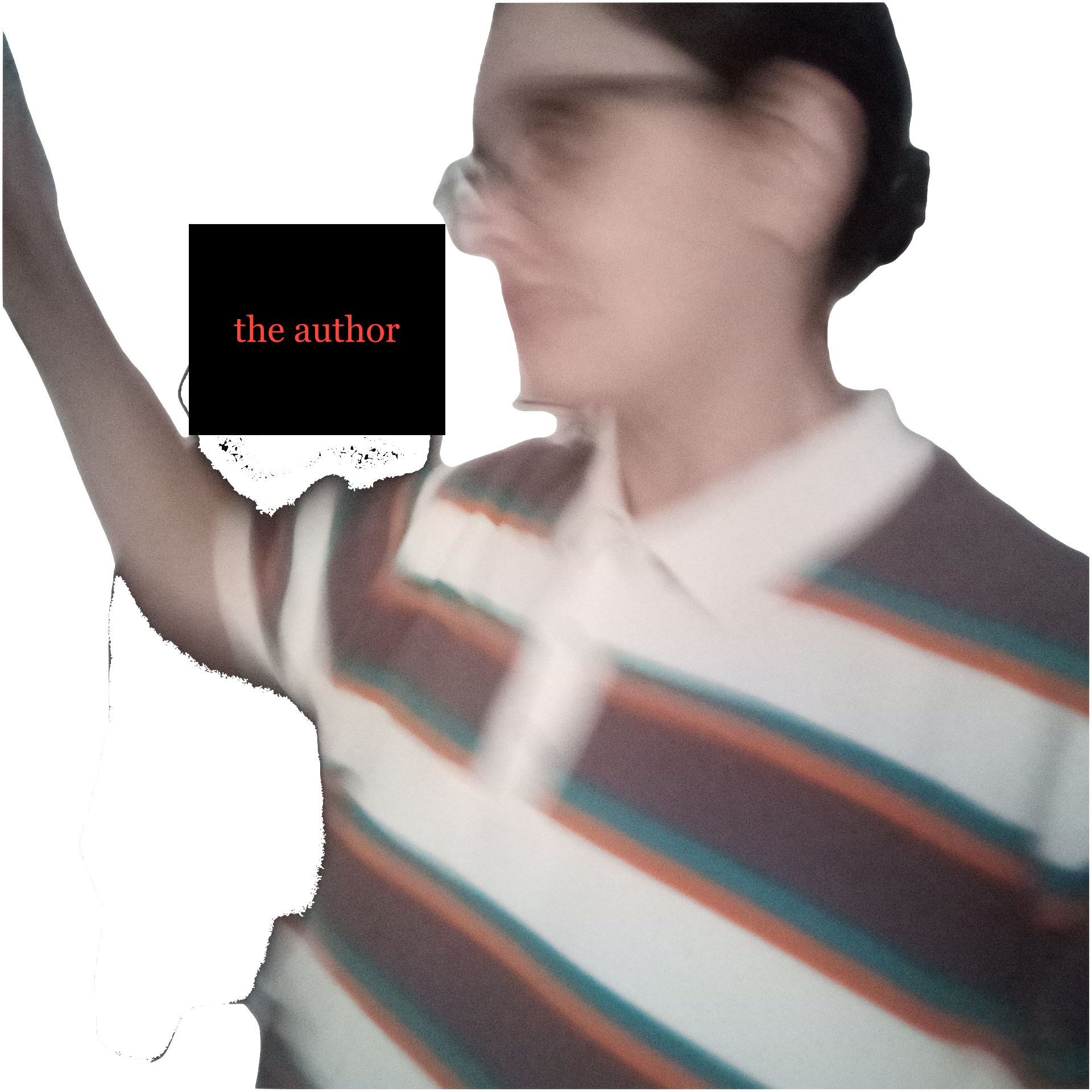 A woman mid-dance with an arm up. The image is blurry. A black text box with red writing reads the author.