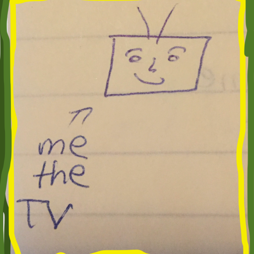 This is a pen drawing of a TV with antennae and a smily face. There is an arrow pointing to it with the text me the TV below.