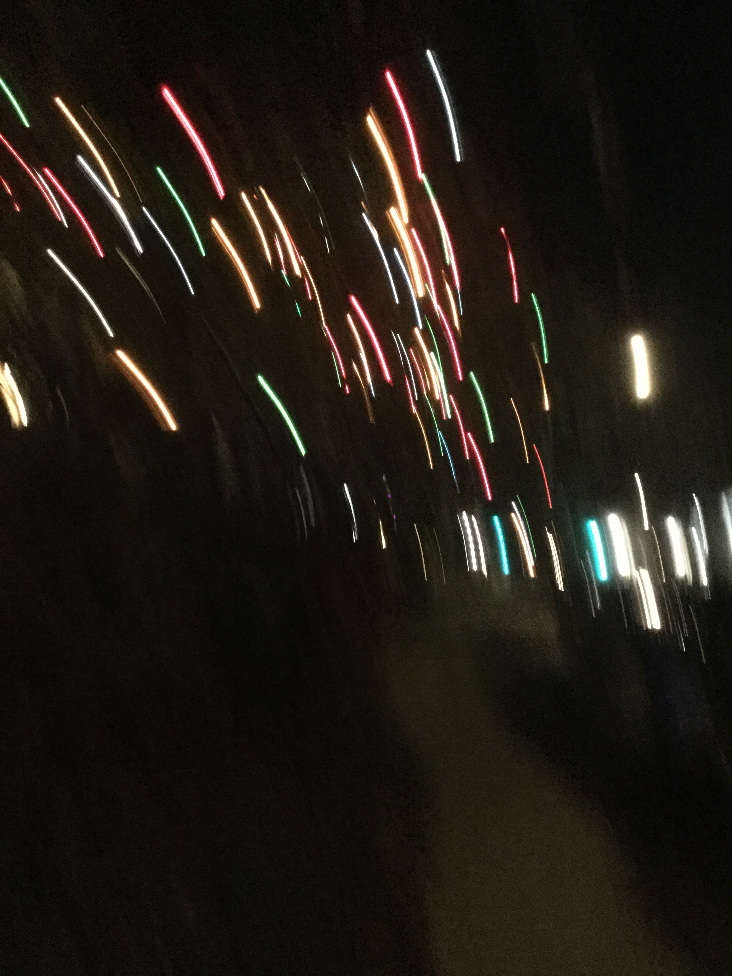 A winding sidewalk at nighttime. The movement of the camera creates a blur of red, green, blue, and gold holiday lights on a bush.