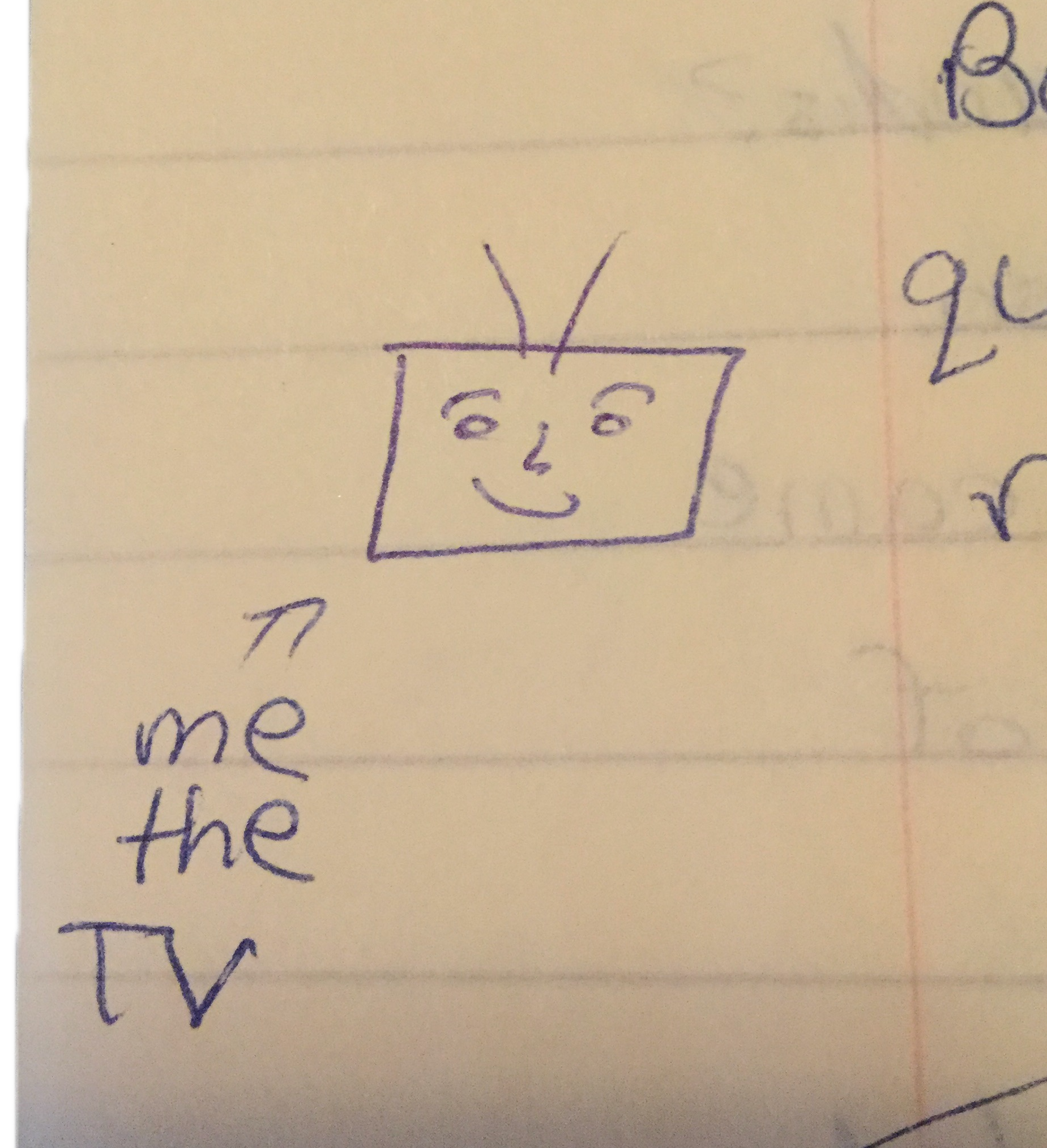 This is a pen drawing of a TV with antennae and a smily face. There is an arrow pointing to it with the text me the TV below.